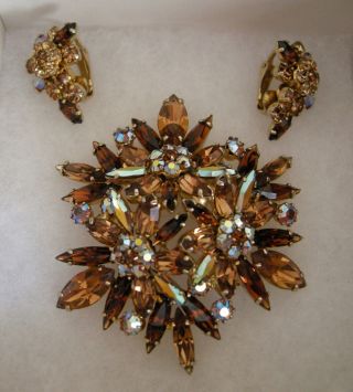 Sherman Amber Colour Floral Brooch And Earrings