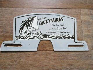 Vintage Porcelain Metal Lucky Lures Paw Paw Bait Co Mi Tackle Bar Fishing Sign