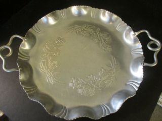 Vintage Aluminum Tray Large Round W/ 2 Handles & Roses Unknown