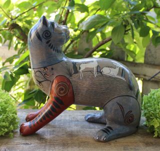 Lg Tonala Pottery Cat & 2 White Deer Mexican Folk Art Great Gift For Cat Lover