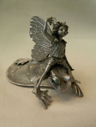 Pewter Frog On Lily Pad W/mythical Fairy With Wings - Blue Stone Eyes On Frog