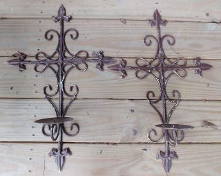 Antique French Metal Fleur De Lis Gothic Crosses Wall Sconce Set Pair Candles