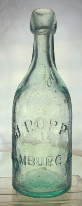 J.  Popp Hamburg Pennsylvania Antique Soda Bottle.  Applied Top.  Whittled.