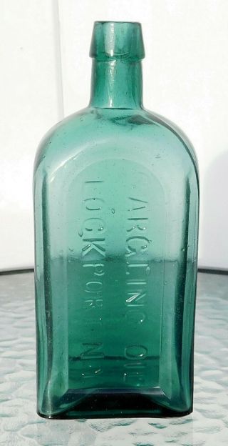Teal Aqua Glass Medicine Bottle Gargling Oil - Lockport,  N.  Y.  - Applied Top - Exc.