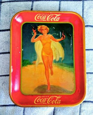Vintage 1937 Coca Cola Serving Tray - Running Girl In Swimsuit