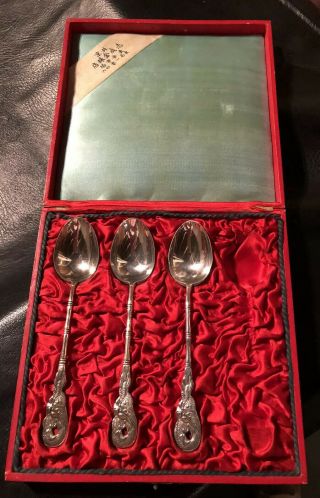 Wonderful Quality Set Of 3 X Antique Chinese Solid Silver Spoons Box