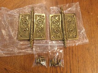 Set Of 2 Vintage Brass Door 4” Hinges Decorative Antique Hardware W/ Screws