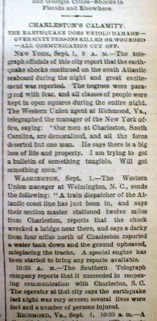 3 1886 Des Moines IA newspapers THE GREAT CHARLESTON EARTHQUAKE South Carolina 3