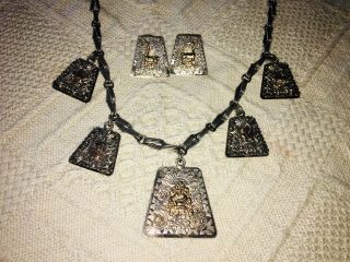 Antique Art Deco Mexican Aztec Silver & 18k Gold Necklace & Earrings
