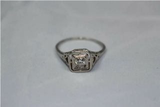 Vintage Art Deco Approx 0.  20ct Diamond 18 Kt White Gold Filigree Ring Size 7.  5