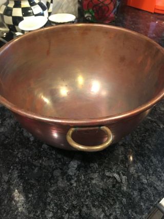 Vintage Large 10.  75 " / 5.  75 " Deep Solid Copper Egg White Mixing Bowl Brass Ring