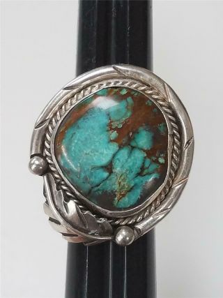 Vtg Steven Apachito Navajo Sterling Silver Turquoise Foliate Ring - Sz 8 - Lg Stone