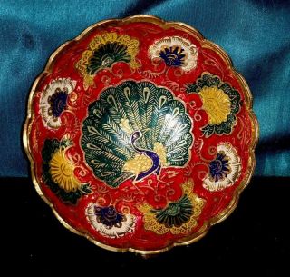 Vintage Solid Brass & Enamel Engraved Peacock Small Footed Bowl Dish