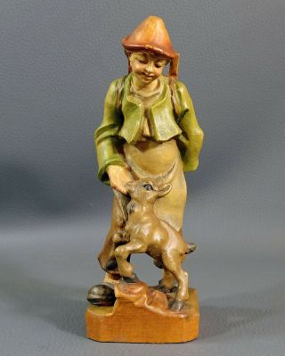 Vintage Anri Man With Kid Goat Hand Carved Wooden Figurine Wood Carving