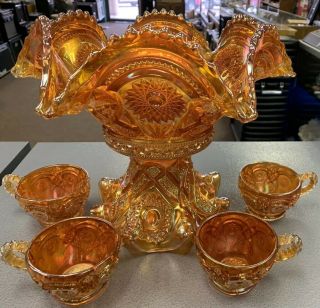 Vintage Imperial Carnival Glass Fashion Marigold Punch Bowl Set C - 1910