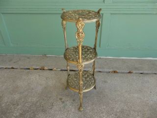 Ornate Vintage 3 Tier Solid Brass Angel & Grape Plant Stand Claw Feet