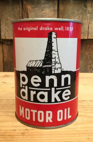 Vintage Penn Drake Pennsylvania Motor Oil 1 Qt Tin Can Gas Service Station Sign