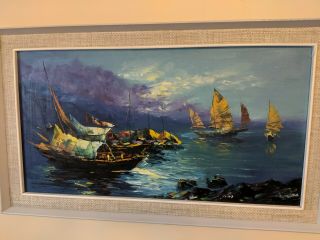 C.  Chan Chinese Junk Boat Painting Framed 16 " X 30 " Asian Vintage Signed