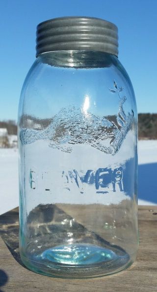 Crisp Aqua Half Gallon Beaver Fruit Jar With Button Lid Con