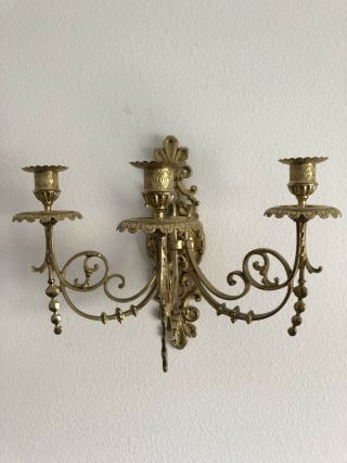 Vintage Pair Art Nouveau 3 Arm Wall Sconce Candle Holder Brass