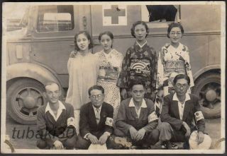 B8 Wwii Japanese Army Photo Comfort Entertainers In Front Of Red Cross Track