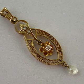 Vintage 14k Yellow Gold Diamond Pearl Victorian Style Pendant
