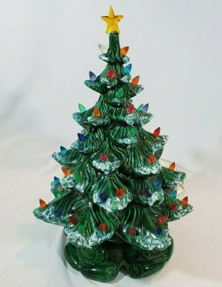 Vintage Ceramic Christmas Tree Lighted Atlantic Mold Two Parts 17 " Tall Flocked