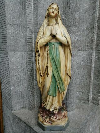 Big Vintage Plaster Virgin Mary Our Lady Of Lourdes Chapel Standing Statue.  -