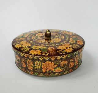 Vintage Made In England Floral Autumn Flowers Orange Brown Tin Container Decor