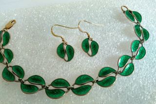 David Andersen Norway Green Enamel & Sterling Silver Leaf Bracelet & Earring Set