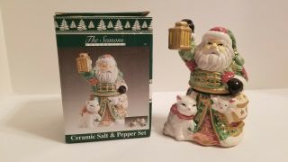 Seasons Green Woodland Santa W/ Lantern & Kitty Cat Stacking Salt & Pepper Set
