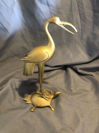 Crane Brass Crafted Sculpture Crane Standing On Turtle Reptile Vintage 10”