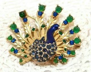 Boucher Gold Plated Enamel Peacock Brooch W Emerald Green Cobalt Blue Rhinestone