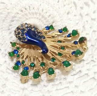 BOUCHER Gold Plated Enamel Peacock Brooch w Emerald Green Cobalt Blue Rhinestone 3