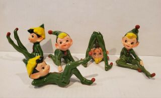 5 Vintage Christmas Pixie Elf Ceramic Porcelain Figurines Green Red Yellow Japan