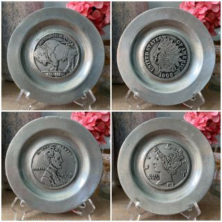 Vintage Set Of 4 American Coin Pew - Ta - Rex Decorative Pewter Plates