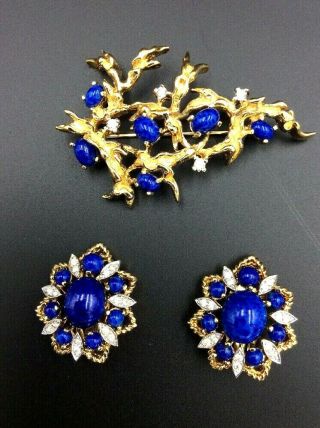 Vintage Panetta Faux Lapis Rhinestone Brooch And Earrings Cabochon