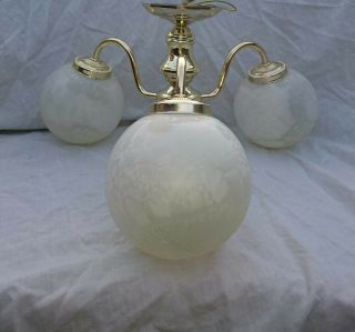 Vintage Chandelier 3 Arm Brass Ceiling Light Fitting With Frosted Globe Shades