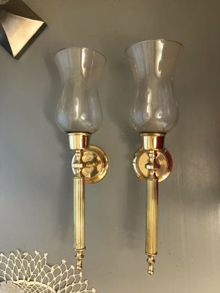 Stunning Stately Vintage Large Brass Wall Sconces 12” W/ Clear Globes 7”