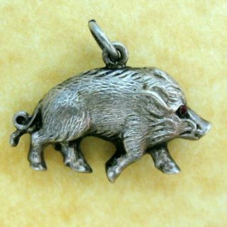 Antique German Silver Wild Boar Charm Gem Set Eyes Great Detail
