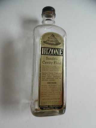 Vintage Hizone Sandow Cavity Fluid Embalming Fluid Bottle With Label Wilmette Il