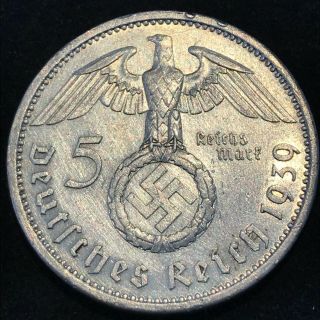 1939 A Germany 5 Mark Swastika Reichsmark Silver Coin S10