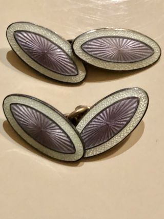 Antique Vintage Art Deco Sterling Silver Purple White Guilloche Enamel Cufflinks