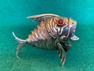 Spanish Sterling Silver 925 Articulated Fish Salt Shaker Red Glass Eyes.