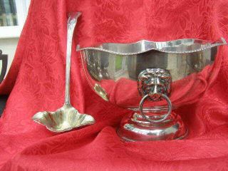 Large Antique Silver Plate On Copper Epns Punch Bowl & Ladle Lion Head Handles