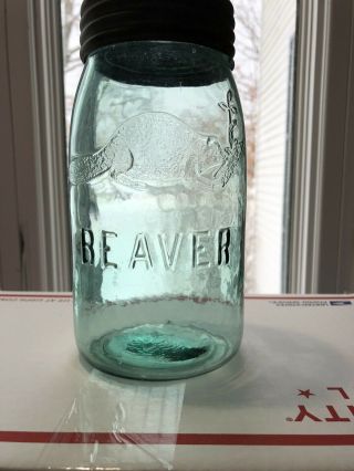 Vintage Aqua Green Beaver U.  S.  Quart Fruit Canning Jar With Lid And Band
