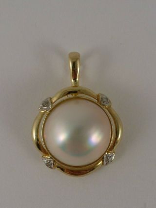 Vintage 14k 585 Yellow Gold 14mm Mabe Pearl & Diamond Pendant