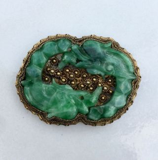 Antique Chinese Sterling Silver Filigree Carved Jade Clip Pin Brooch Dolphins
