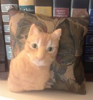 3d Ginger Tabby Cat On Vintage Tapestry Cupboard Pillow Fab.  Art By Renate 