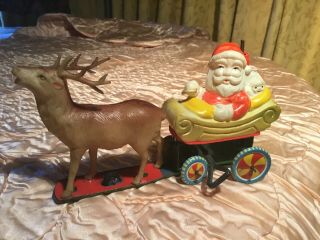 Vintage Christmas Santa On Sleigh Reindeer Celluloid & Tin Japan Wind Up Toy